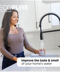 Woman using kitchen faucet after installing Heavy Duty Universal Large Capacity Whole House Water Filter Housing NSF Certified