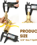Gas Y Splitter For Propane Hoses With Brass 2 Way Tee Quick Connect Adapters showing 3/8 inch measurement with caliper