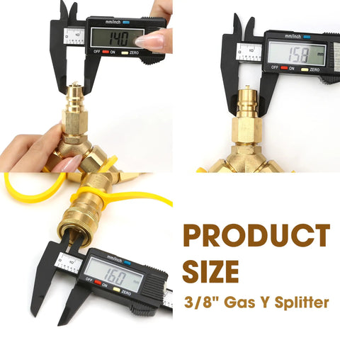 Gas Y Splitter For Propane Hoses With Brass 2 Way Tee Quick Connect Adapters showing 3/8 inch measurement with caliper