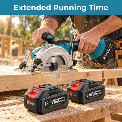 5 Inch Cordless Circular Saw Kit With Brushless Motor 6000 RPM in use with two 3.0Ah batteries for woodworking projects.