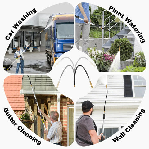 20ft Reach Telescopic Gutter Cleaning Tool With Garden Hose Attachment And Bendable Sprayer Wand No Ladder Needed in use for car washing, plant watering, gutter cleaning, and wall cleaning.