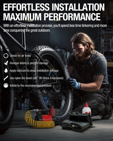 Mechanic installing heavy duty fat tire inner tube for 26 inch bikes and ebikes with 32mm Schrader valve, tools visible