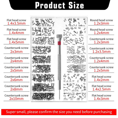 500 Piece Micro Screws Kit With M1.2 M1.4 M2.0 Metric Sizes Hella Tough Carbon Steel Build includes assorted screws and precision screwdriver.