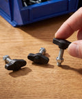 Dang Dependable M4 M5 M6 Tee Wing Bolt Knob Set, black plastic knobs and threaded screws for tripod mounts on wooden surface.