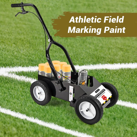 Heavy Duty Striping Line Marking Machine For Parking Lots Sports Fields And Courts Works With Inverted Spray Paint Durable 8 Inch Wheels Easy To Use For Lawn And Turf Marking shown on grass field