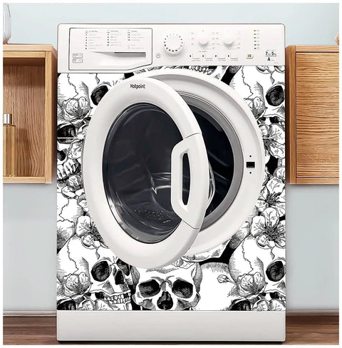 Dope Gothic Peel And Stick Wallpaper With Sugar Skull Floral Pattern For Bedroom In Black And White Removable Accent Wall Decor Durable Vinyl Easy To Install And Renters Friendly 17.7 Inch By 9.8 Foot on washing machine