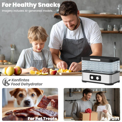 No Sweat Compact Food Dehydrator For Crafting Homemade Beef Jerky Crispy Banana Chips Dried Oregano Leaves And Handcrafted Puppy Bites Saves Precious Counter Room Perfect For Studio Apartments And Glamping Shacks in a kitchen setting with two people preparing fruit.