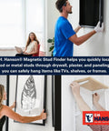 Magnetic Stud Finder With Battery-Free Design, Rare Earth Magnets, Finds Nails And Screws Behind Drywall, Built-In Rotating Level For Precise TV Mounts, Shelves, And Home Projects. man mounting TV on wall