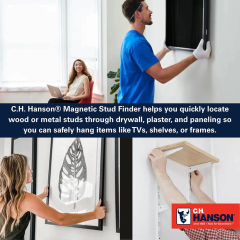 Magnetic Stud Finder With Battery-Free Design, Rare Earth Magnets, Finds Nails And Screws Behind Drywall, Built-In Rotating Level For Precise TV Mounts, Shelves, And Home Projects. man mounting TV on wall