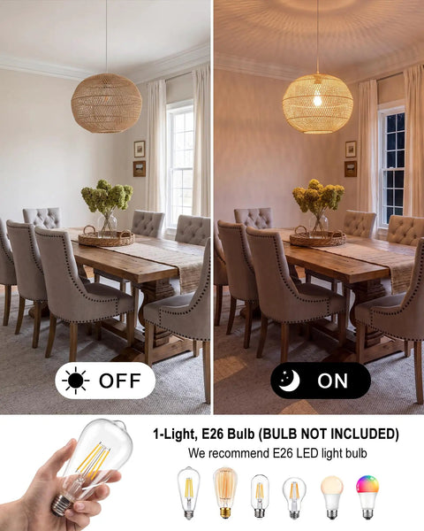 Mgcanyu 16in Rattan Pendant Light, Boho Wicker Hanging Lamp for Dining Room, woven globe shade over dining table.