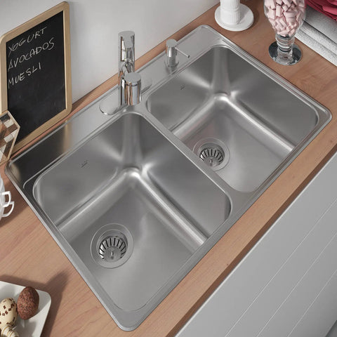 Drop In Double Bowl Stainless Steel Kitchen Sink With EZ Torque Fastener System Four Hole Mount, installed in countertop