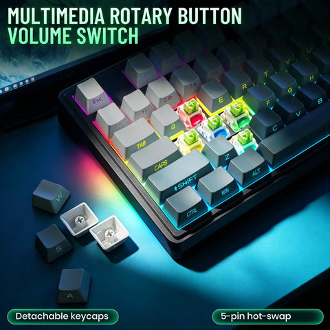 Wireless 98% Mechanical Keyboard With Triple Mode And Media Knob Full Numpad For Gamers And Typists Smooth Buttery Keys For Your Sweet Gaming Setup Or Home Office Rig No Lag Guaranteed featuring multimedia rotary button and detachable keycaps.