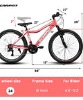 24 Inch Female Mountain Bike With Dual V Brakes 21 Speed Shifter High Carbon Frame And Front Suspension Fork Ride Ready