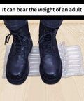 Person standing on inflatable air column bubble packaging with shoes to demonstrate durability for wine bottle protection.