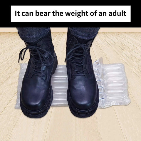Person standing on inflatable air column bubble packaging with shoes to demonstrate durability for wine bottle protection.