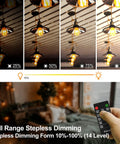 Outdoor String Light Dimmer Plug 560W With Daily Timer And Memory, showing dimming stages and 100ft RF remote for patio and decor