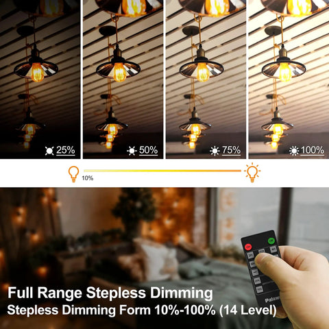 Outdoor String Light Dimmer Plug 560W With Daily Timer And Memory, showing dimming stages and 100ft RF remote for patio and decor