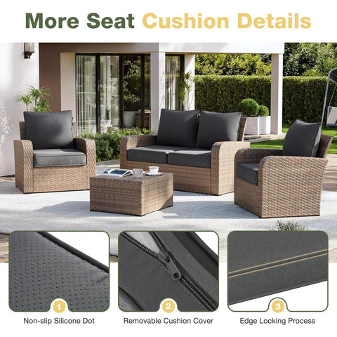 Replacement Outdoor Cushions Set For Patio Furniture, 4 Piece Deep Seat Cushions installed on wicker patio set, grey