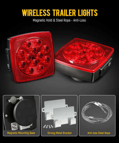 Wireless Magnetic LED Trailer Lights Kit With 7 Pin Plug, red square tail lights with magnetic base and steel rope.