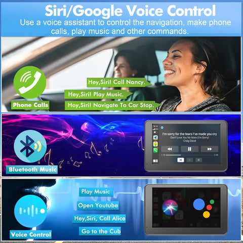 7 Inch HD Wireless CarPlay Screen For Cars With Android Auto displaying voice control features and Bluetooth music options in vehicle