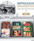 Before and after freezer organization using 8 Pack Freezer Organizer Bins Featuring Reinforced Handles And Thickened Food Grade Plastic.