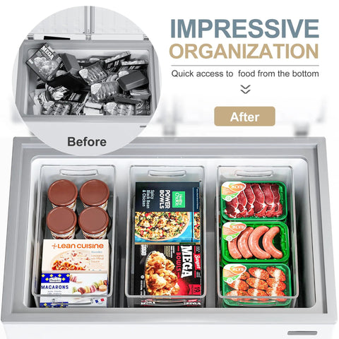 Before and after freezer organization using 8 Pack Freezer Organizer Bins Featuring Reinforced Handles And Thickened Food Grade Plastic.