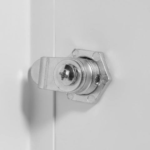 Close-up of lock mechanism on 16x16 Universal Steel Flush Access Panel Door With Keyed Cylinder Latch White Prime Coat Finish FL2002
