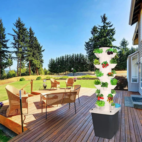 Dope Vertical Hydroponic Grow Tower For Indoor Or Outdoor Grow, Six Layer System With 30 Plant Sites on patio