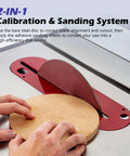 10 Inch Table Saw Calibration Plate And Sanding Disc Set with 18 PSA Sandpapers in use for blade alignment and sanding.