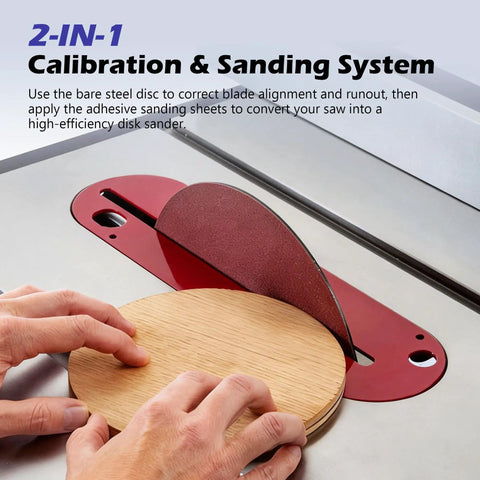 10 Inch Table Saw Calibration Plate And Sanding Disc Set with 18 PSA Sandpapers in use for blade alignment and sanding.