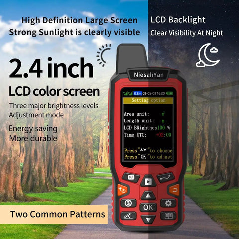 Built Tough Handheld GPS Surveying Tool With GPS GLONASS For Pro Grade, Real World Field Use, Perfect For Ranches, Gardens, Farmland And Parking Lots, Lightning Fast Positioning, Area Accuracy To 0.003 Acres, No Waypoint Saving. 2.4-inch LCD color screen