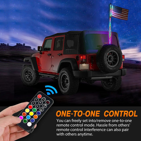 Jeep with 2 Pack 3Ft Spiral RGB LED Whip Lights with RF Remote in off-road night scene