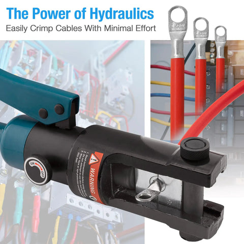 Beefy Hydraulic Wire Crimping Tool Kit With 13 Dies crimping cables, close-up of tool in action with red cables