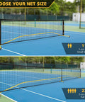 Wheeled Pickleball Net Set With Regulation 22 Foot And 11 Foot Half Court Sturdy Metal Frame Easy Carry Bag shown on tennis court