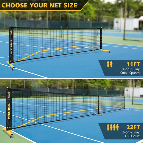 Wheeled Pickleball Net Set With Regulation 22 Foot And 11 Foot Half Court Sturdy Metal Frame Easy Carry Bag shown on tennis court