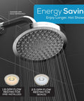 SparkPod 6-inch round polished chrome shower head mounted on wall arm; high-pressure rain spray with two flow restrictors.