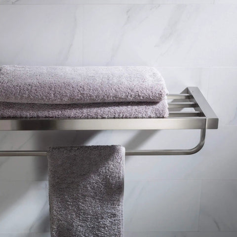 Solid Brass Bathroom Shelf With Towel Bar In Brushed Nickel Finish For Towels Washcloths And Toiletries Heavy Duty Rust Resistant Organizer
