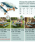 Waterproof Windproof Picnic Table Cover With Bench Covers 3 Piece Set for Standard 6 Foot Rectangular Tables And Benches Fitted 72 By 30 Tablecloth And 72 By 12 Bench Covers Includes Drawstring Bag For Outdoor Camping Green Blue with size guide and usage options shown.