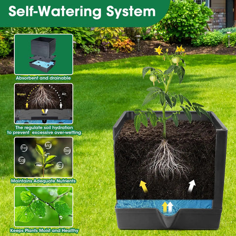 Two Pack Raised Garden Bed Planter Boxes With Trellis For A 57 Inch Self Watering Tomato Planter Box Set, internal watering system diagram