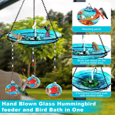 Go-To Hand Blown Glass Hummingbird Feeder And USB Water Pump Bird Bath Two-In-One Outdoor Garden Decor with birds
