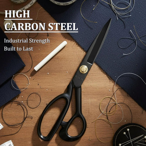 9 Inch Heavy Duty Fabric Scissors For Cutting Cloth And Materials Professional Sewing Shears With High Carbon Steel Blades Razor Sharp Tailor Scissors For DIY Projects Home Office And School Use Durable Long Lasting black scissors on fabric with chalk