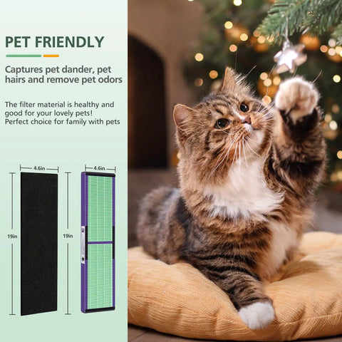 Cat near Christmas tree with 2 Pack HEPA Filter C Replacement With Pet Pure Treatment For Guardian Air Purifier FLT5000 And 8 Pack Activated Carbon Pre Filters