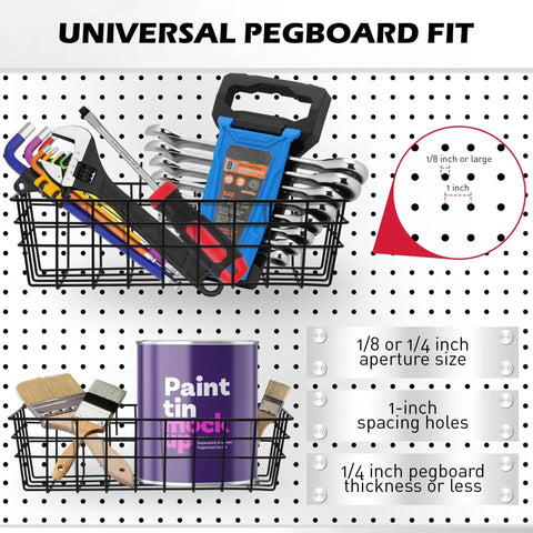 5 Piece Pegboard Baskets Set Heavy Duty Black Metal Wire Organizer Bins installed on pegboard with tools and paint can