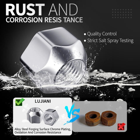 10 Piece 1/2-20 Open End Acorn Lug Nuts Set showcasing rust-resistant zinc plated alloy steel in water splash test