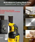Square slot cutter attachment, stainless steel, 2-pack, mounted on a yellow oscillating tool for drywall and wood.