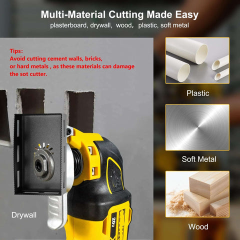 Square slot cutter attachment, stainless steel, 2-pack, mounted on a yellow oscillating tool for drywall and wood.