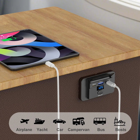 Two Pack 12V USB Outlet Panel With Real Time Voltmeter And Dual USB C Fast Charging Cigarette Lighter Socket Replacement Button Switch mounted on wood.