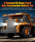 Remote Control Dump Truck With 360 Degree Rotation And Lights Kid Friendly Nine Channel RC Construction Toy with LED lights