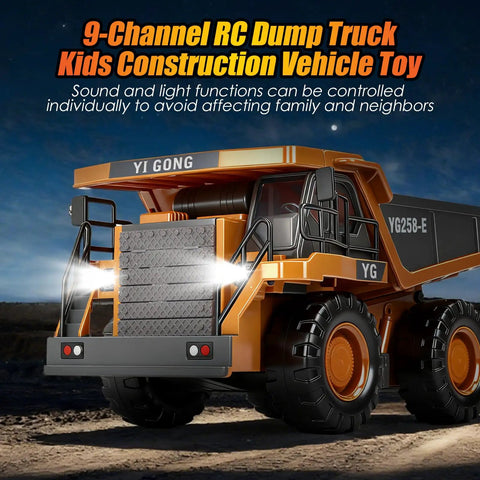 Remote Control Dump Truck With 360 Degree Rotation And Lights Kid Friendly Nine Channel RC Construction Toy with LED lights