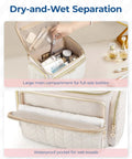Puffy Nylon Travel Toiletry Bag With Wide Opening For Easy Access showcasing compartments for bottles and waterproof pocket for towels